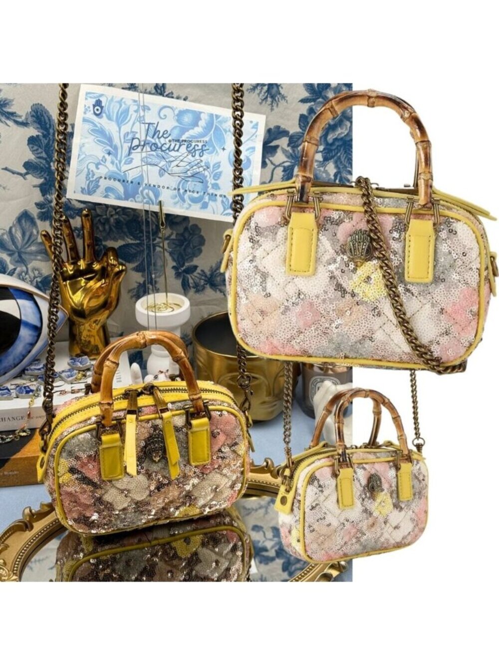 🆕 KURT GEIGER LONDON 🧿 NWOT XS Kensington Duffle, Yellow Floral Sequins